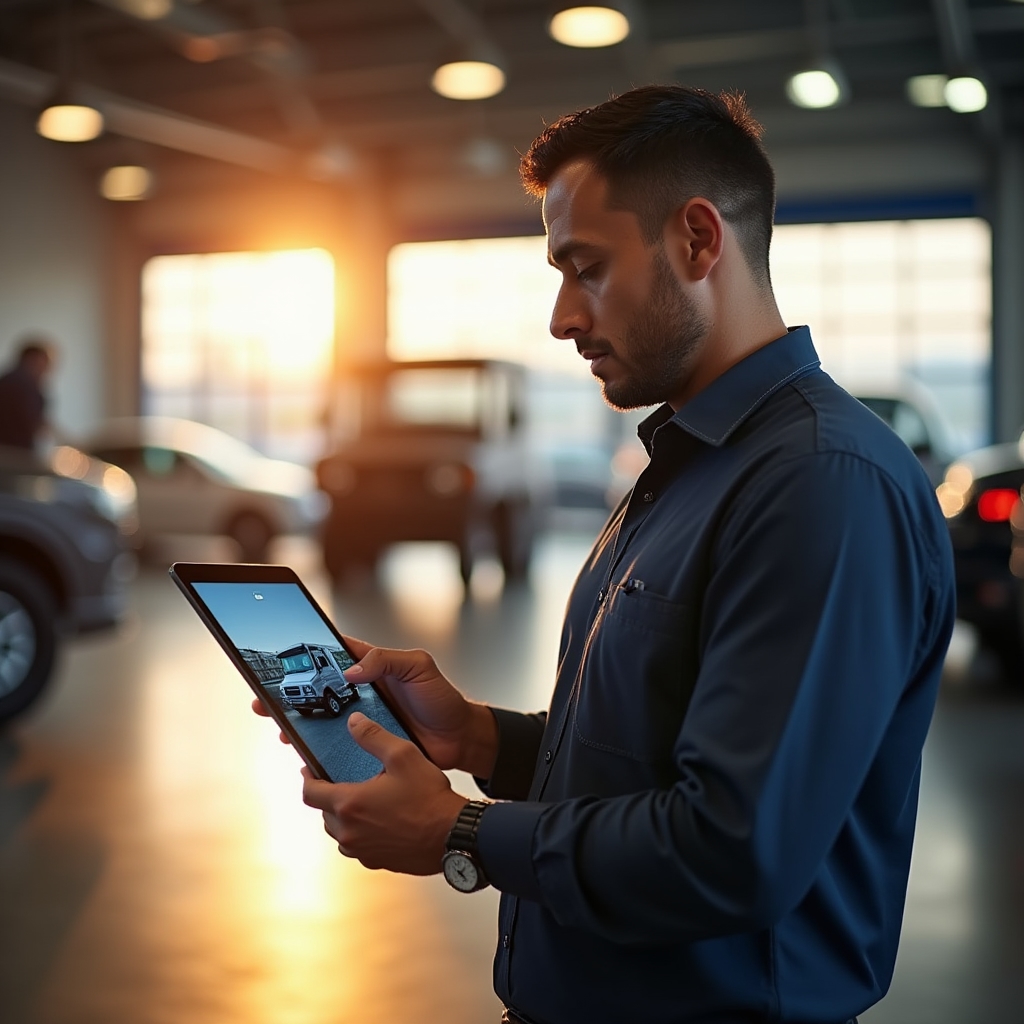 Service advisor showing a tablet with inspection photos to a customer at the counter